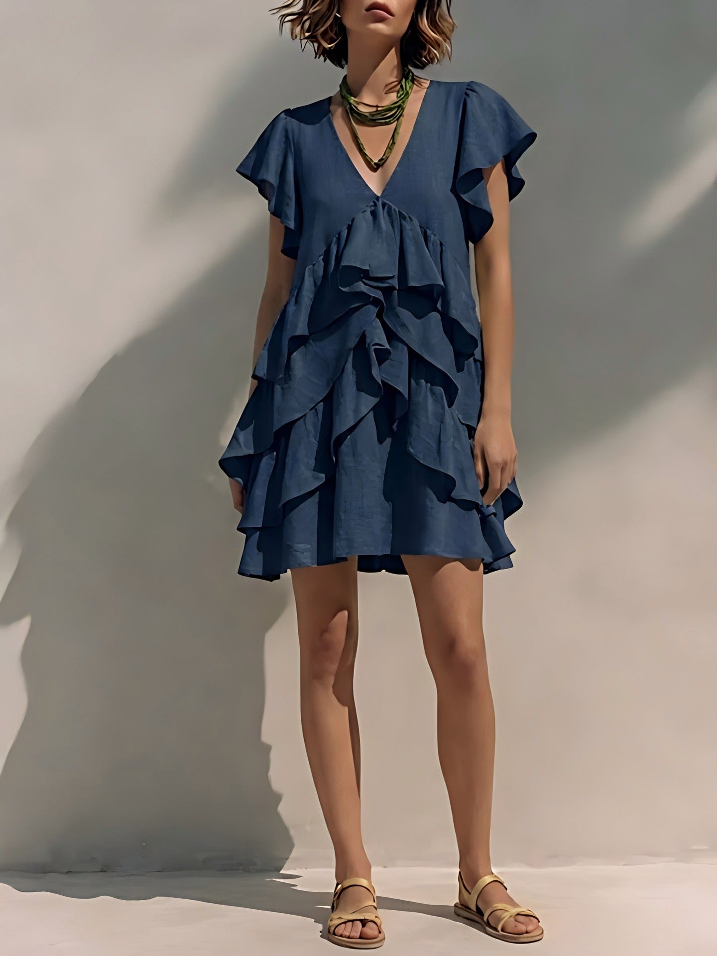 Robe Fluide Col V à Volants