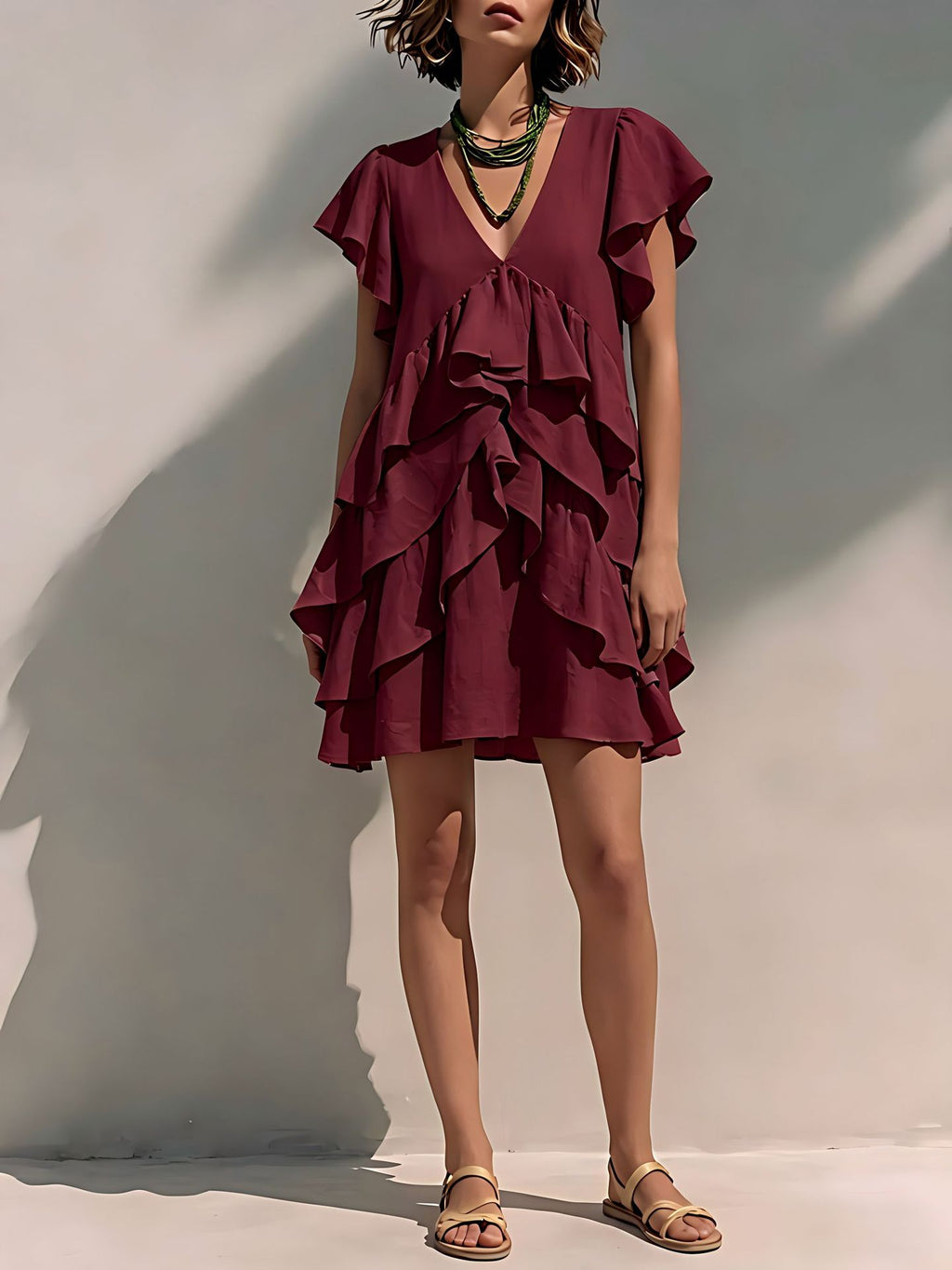 Robe Fluide Col V à Volants