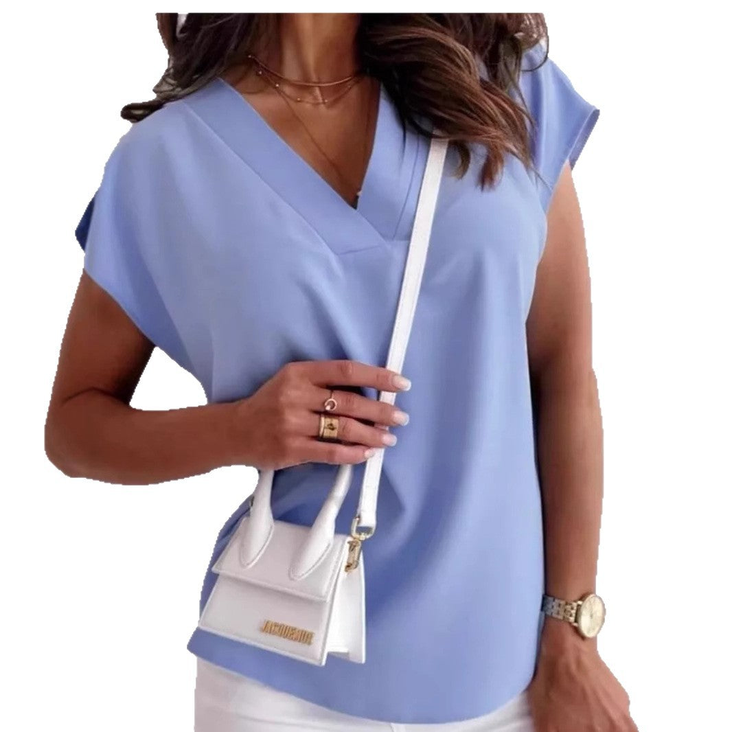 Solid-color Sleeveless V-neck Womens Casual Shirt