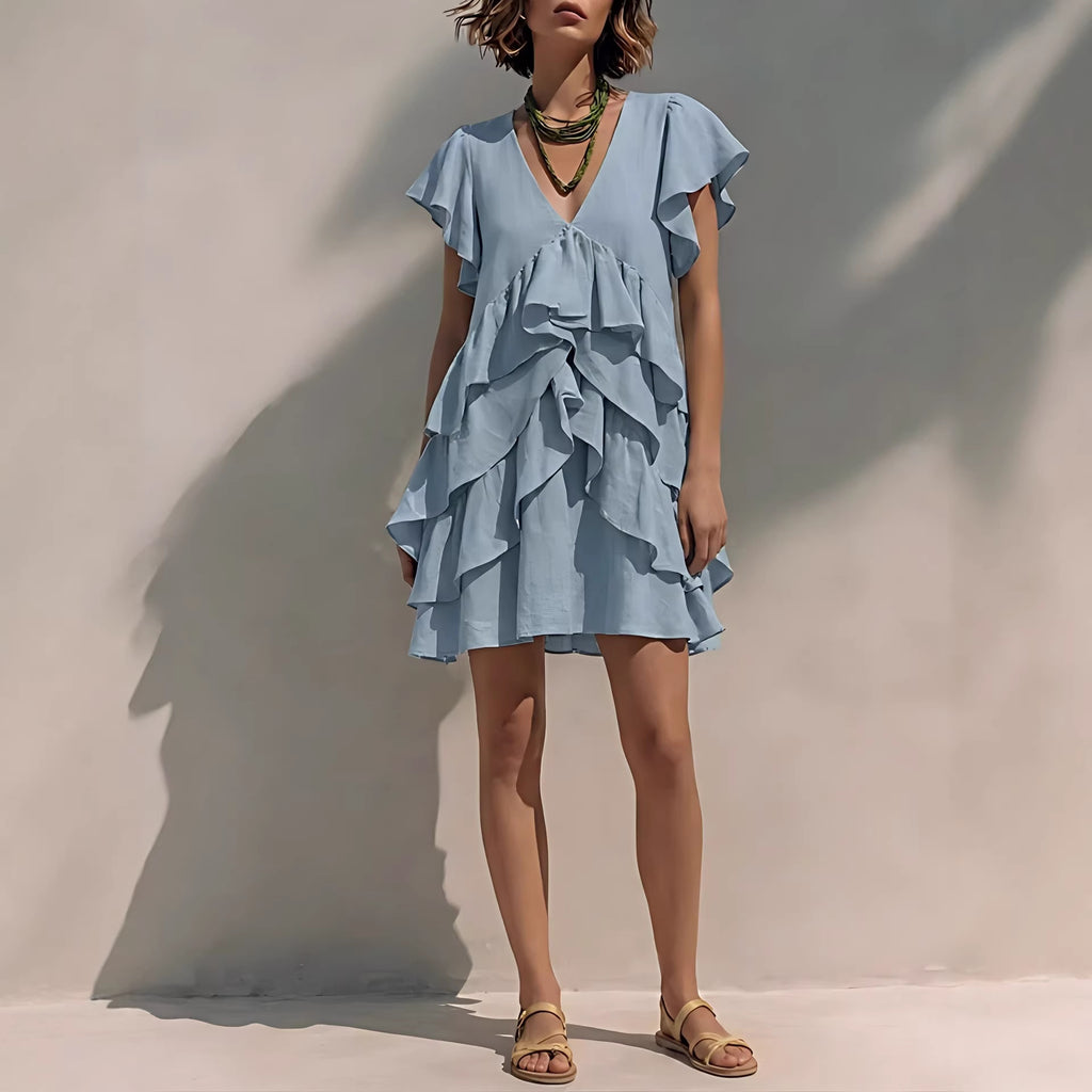 Robe Fluide Col V à Volants