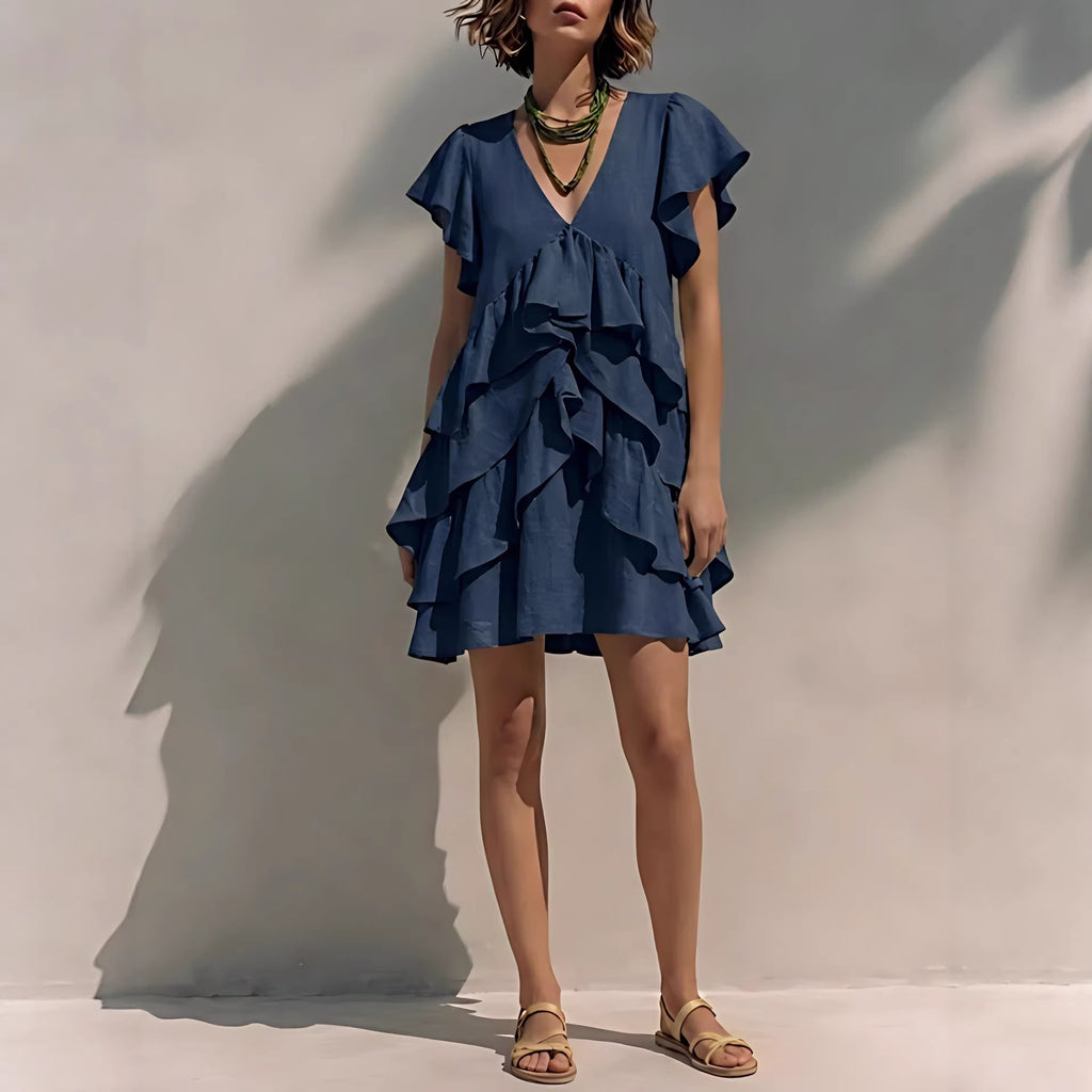 Robe Fluide Col V à Volants