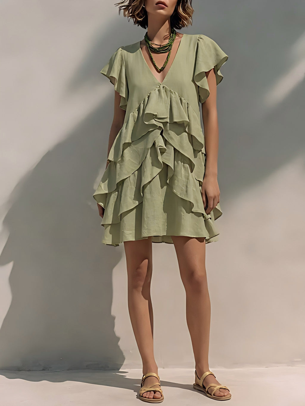 Robe Fluide Col V à Volants