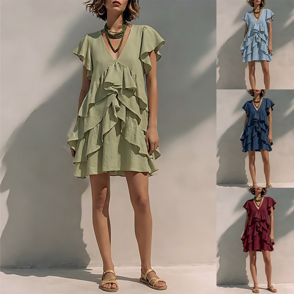 Robe Fluide Col V à Volants