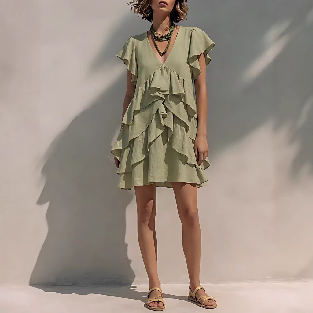 Robe Fluide Col V à Volants